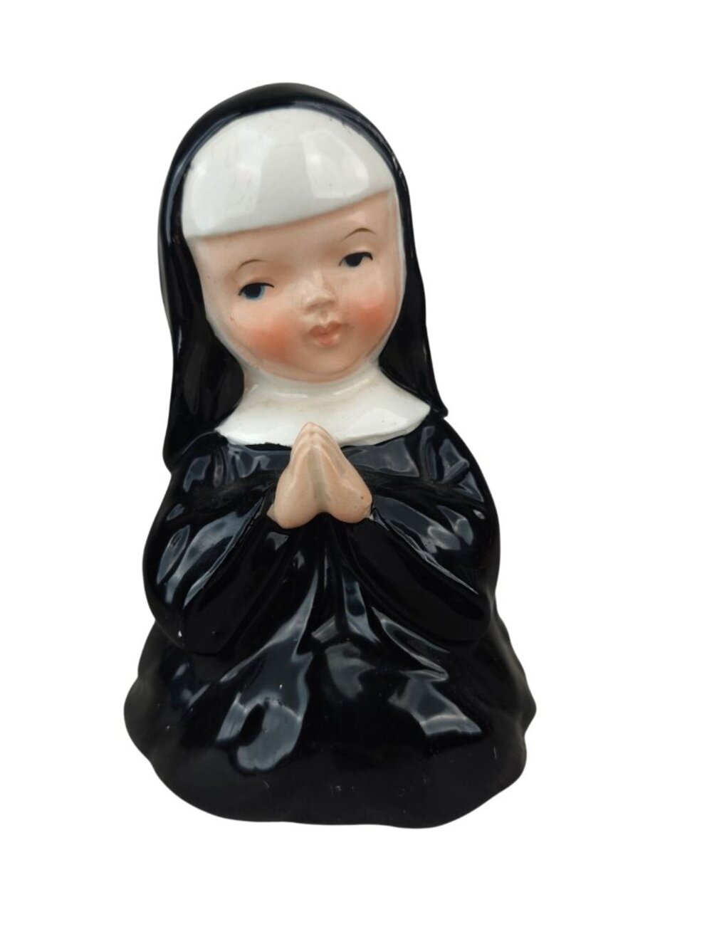 Vintage Ceramic Nun Figurine Black Robe Coin Bank 1960s Handpainted  5"
